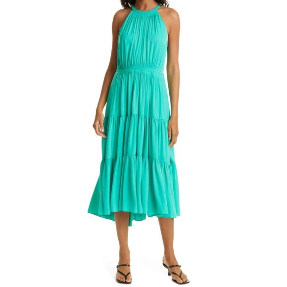 Kobi Halperin Robin Shirred Halter Neck Dress Sleeveless Tiered Midi Green Sz 10 - Picture 4 of 6